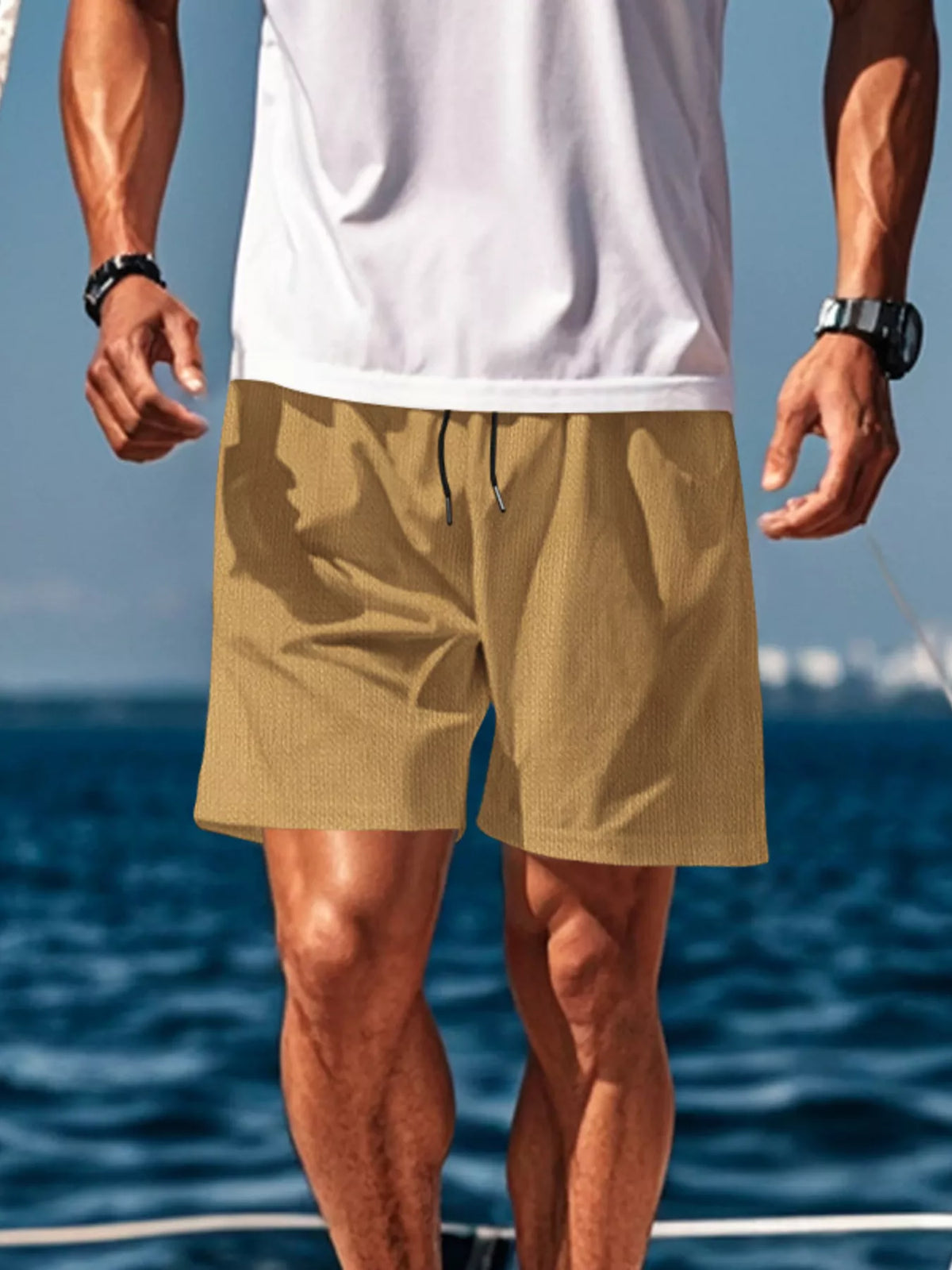 Men's mustard casual drawstring shorts with side pockets, mid-length