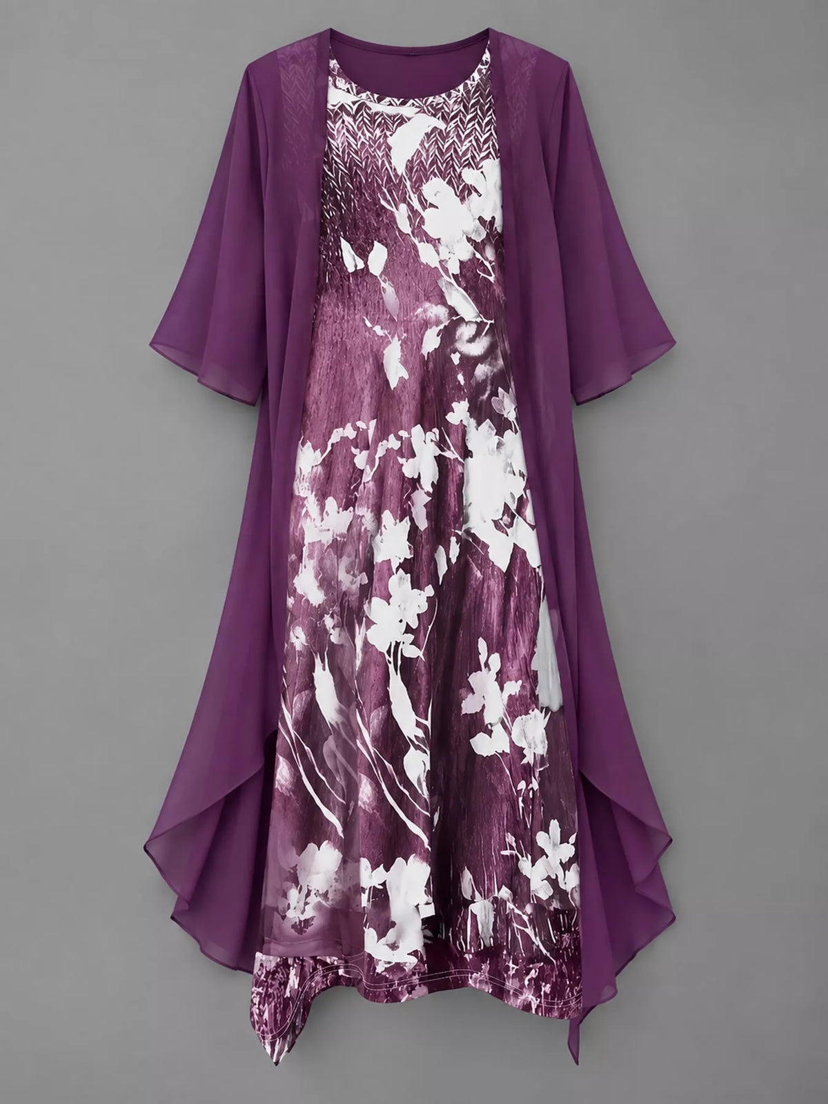 Floral dress and chiffon cardigan set with purple drape over lavender-and-white print