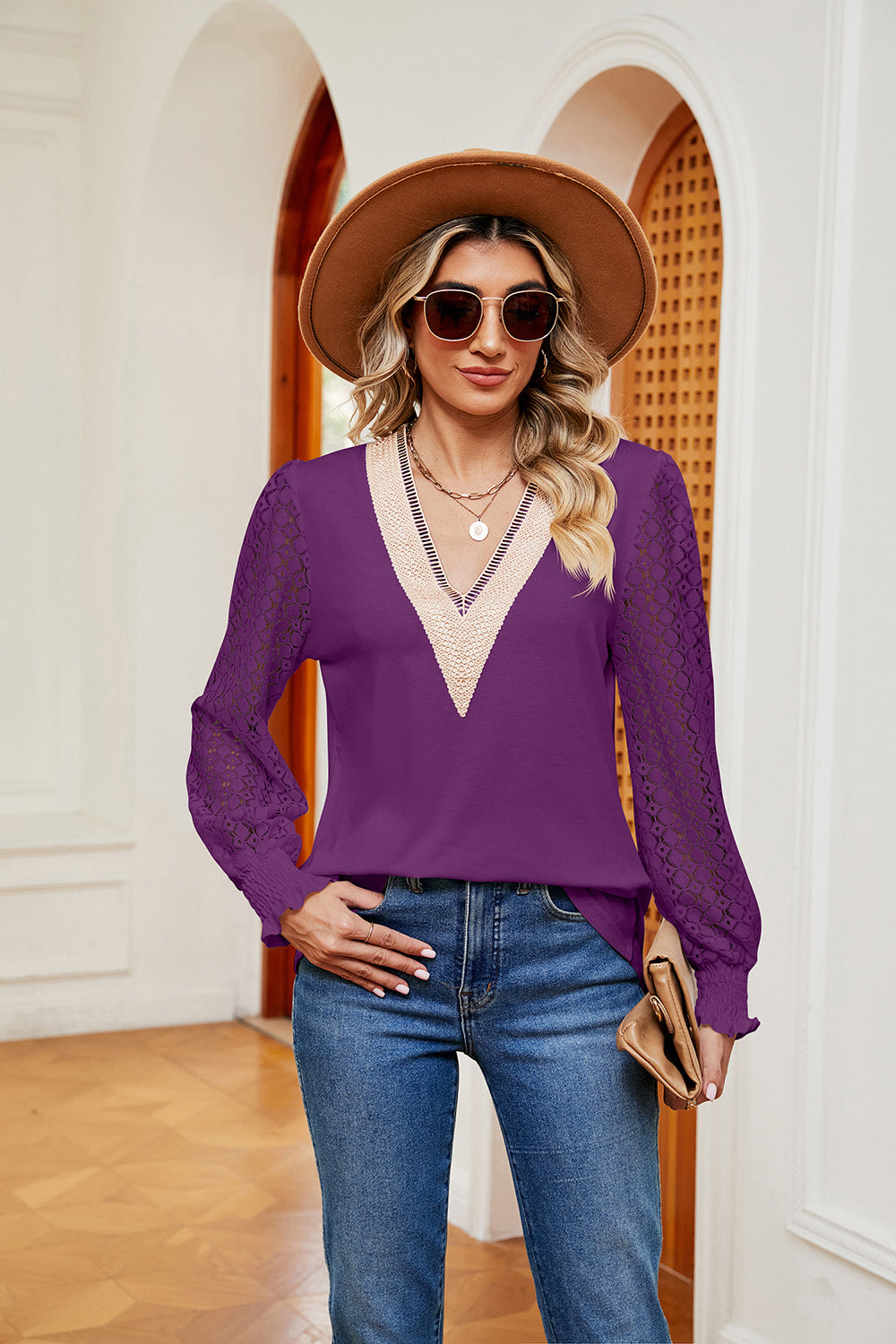 Purple contrast V-neck long-sleeve blouse with lace-textured sleeves