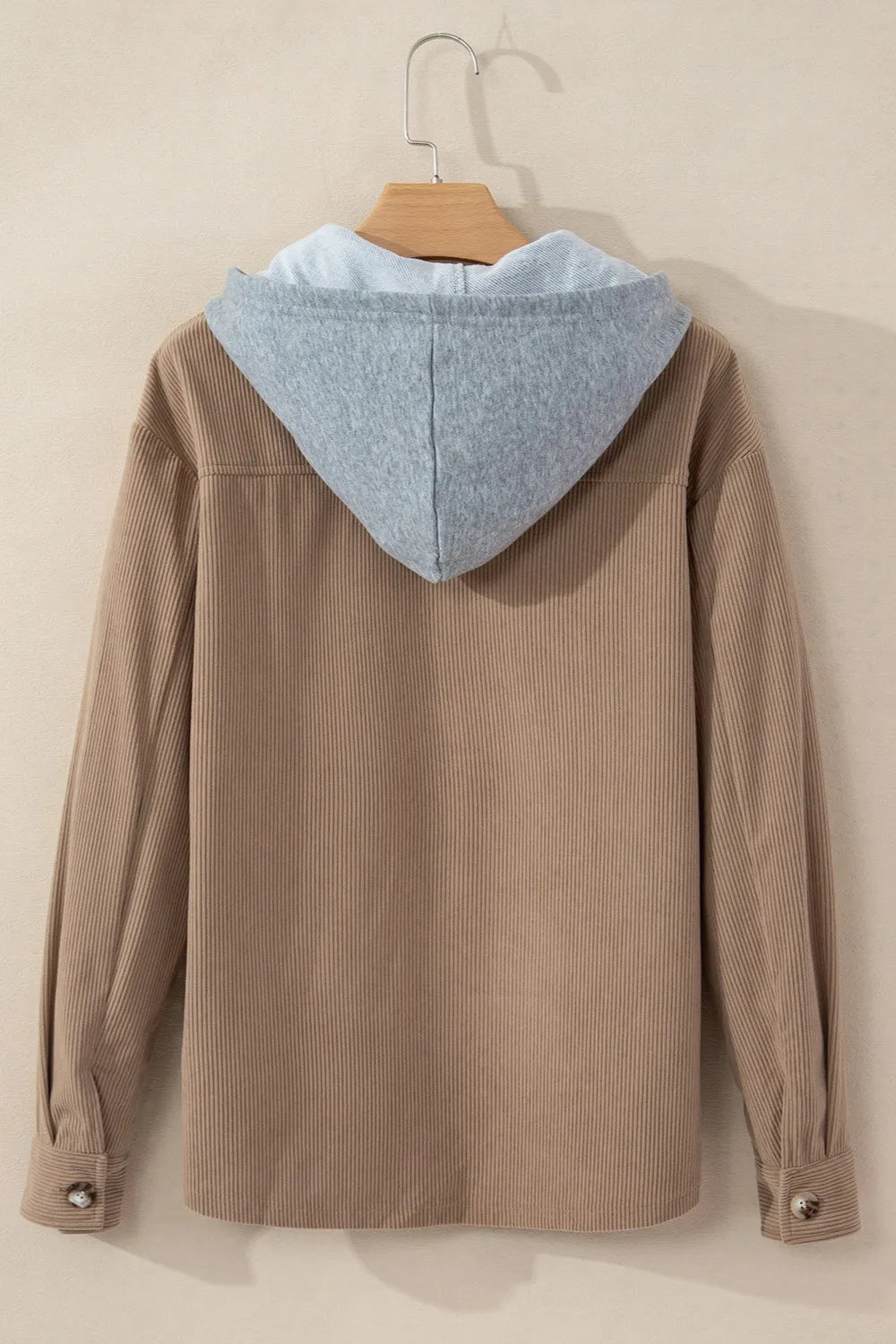 Mocha button-up hooded jacket with gray hood lining and long sleeves