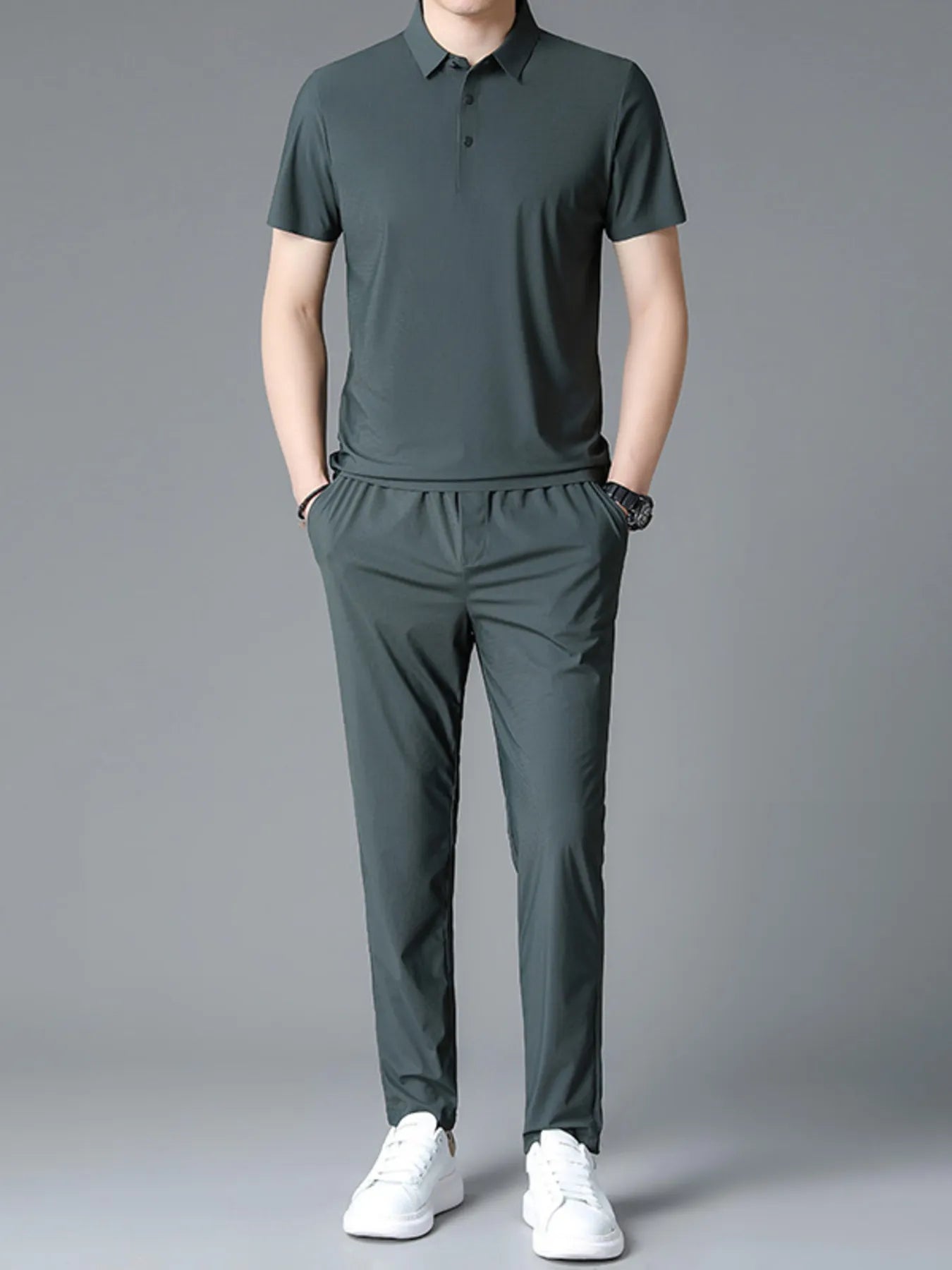 Men's polo and drawstring pants set in dark green, short sleeves, button placket