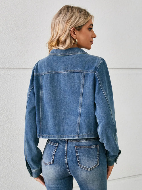 Dusty blue denim button-up long sleeve jacket, back view