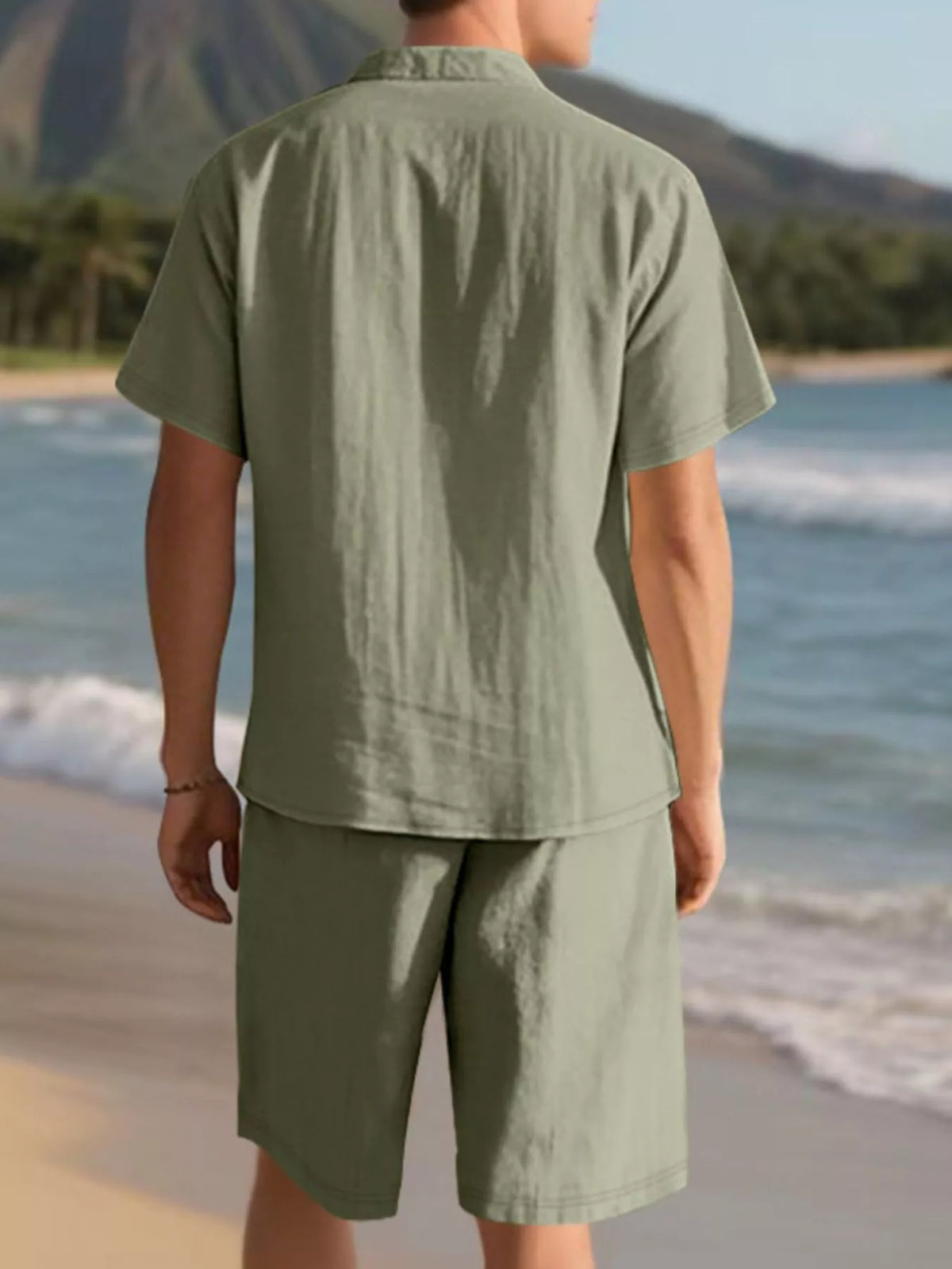 Men's army green short-sleeve button-up shirt and matching shorts set, back view