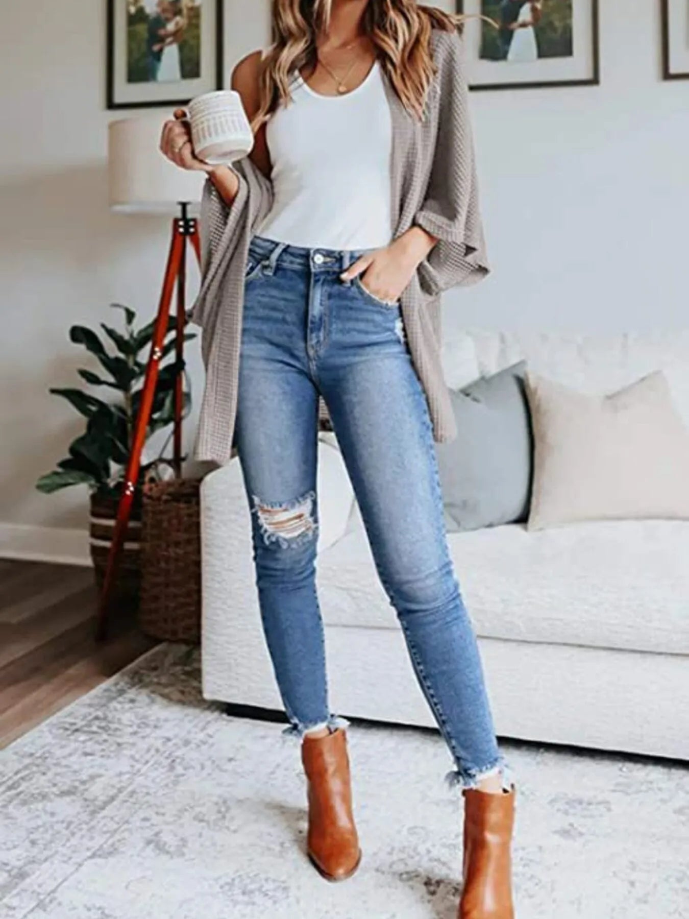 Open front waffle knit cardigan, light grey, draped kimono sleeves, plus size