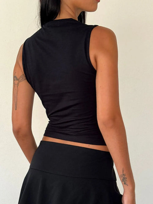 Black sleeveless cropped tank, square back neckline, fitted bodice