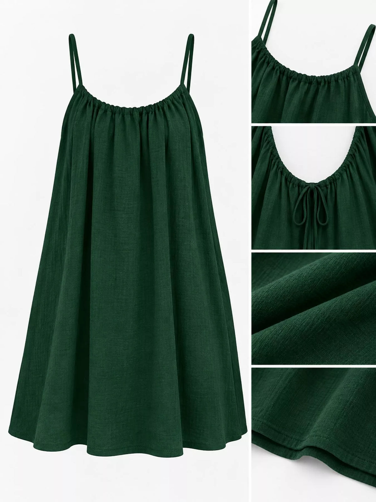 Dark green spaghetti strap mini dress with gathered neckline, plus side and fabric close-ups