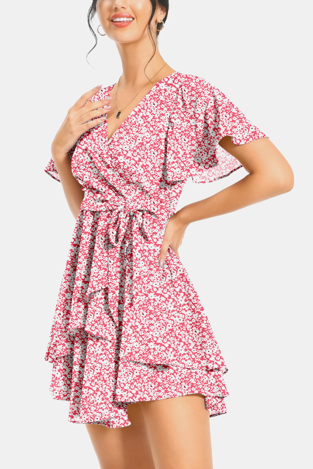 Pink red floral surplice neck flutter sleeve dress with waist tie and layered hem