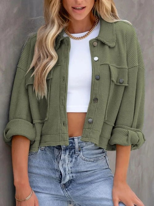 Moss green waffle knit button-up long sleeve jacket with pointed collar and flap pockets