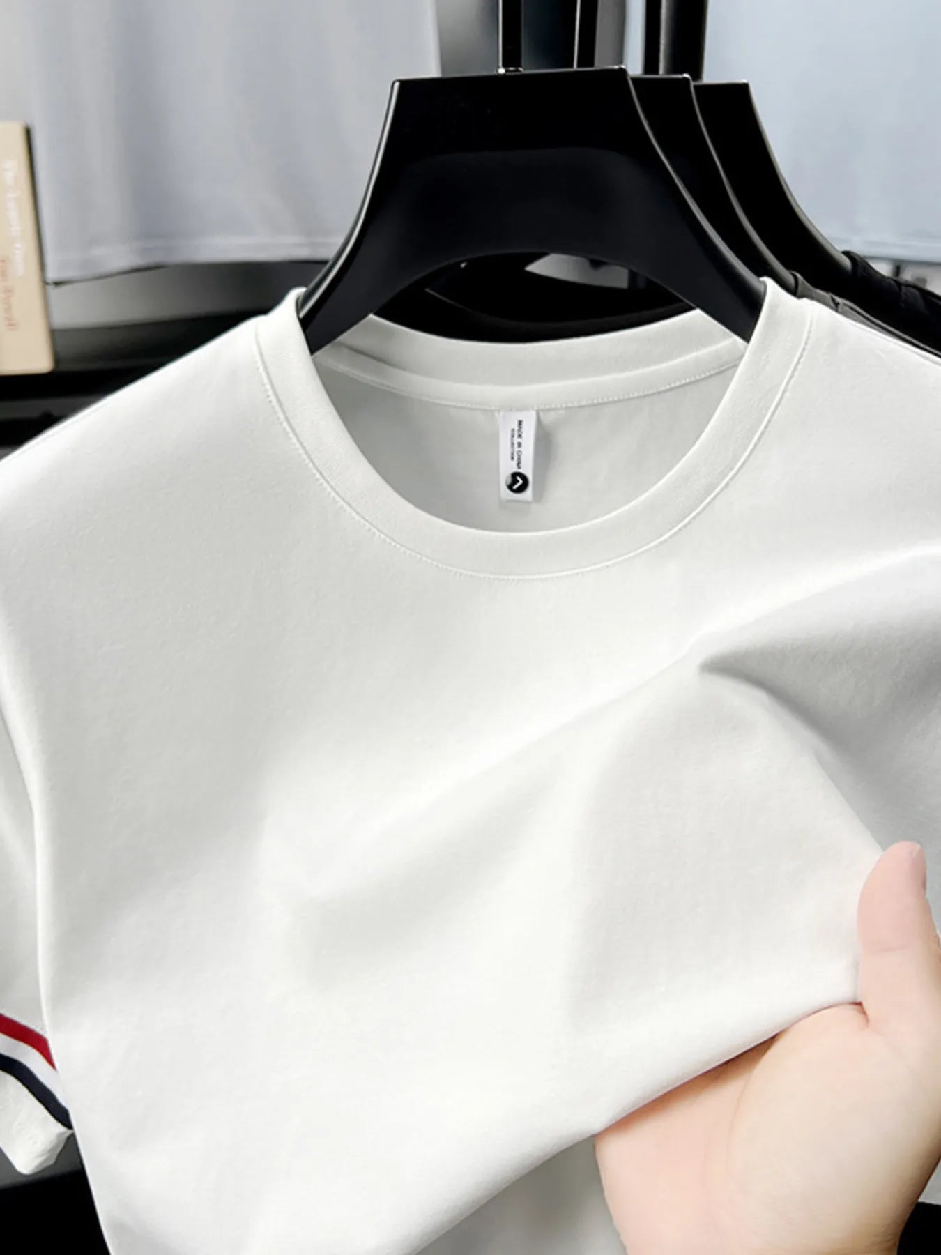 Men's striped short-sleeve t-shirt, white, crew neck, sleeve stripe detail