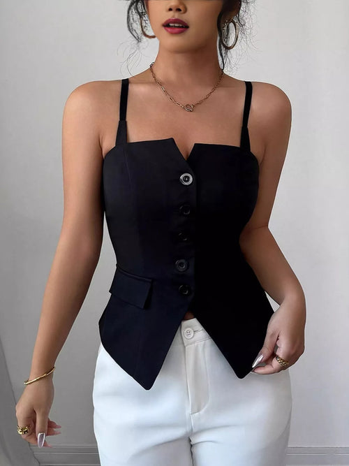 Black button-front cami top with scoop neckline and sleeveless straps