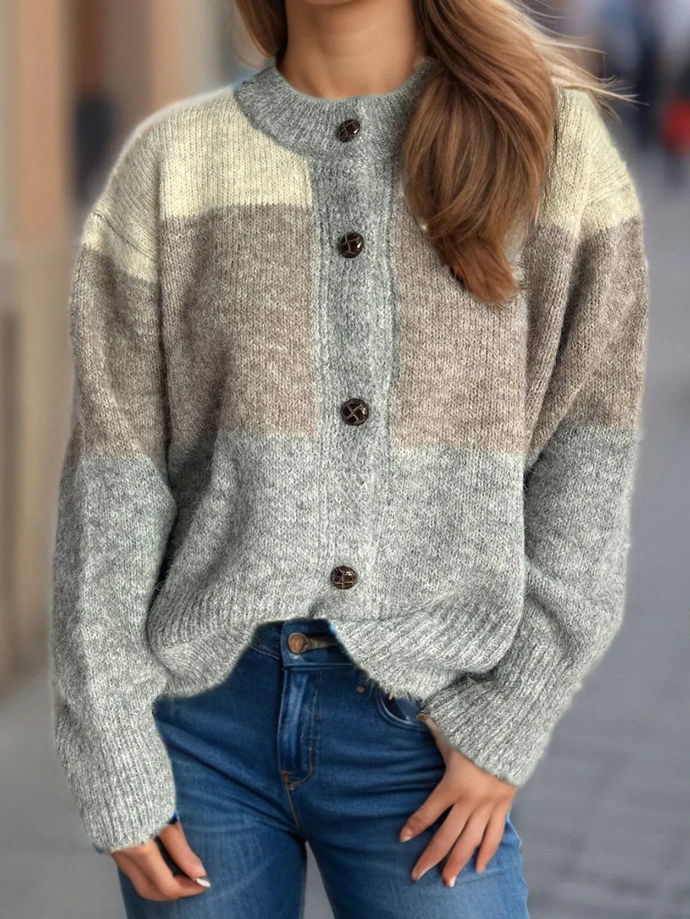 Color block round neck button-up cardigan, gray-blue and cream stripes with dark buttons
