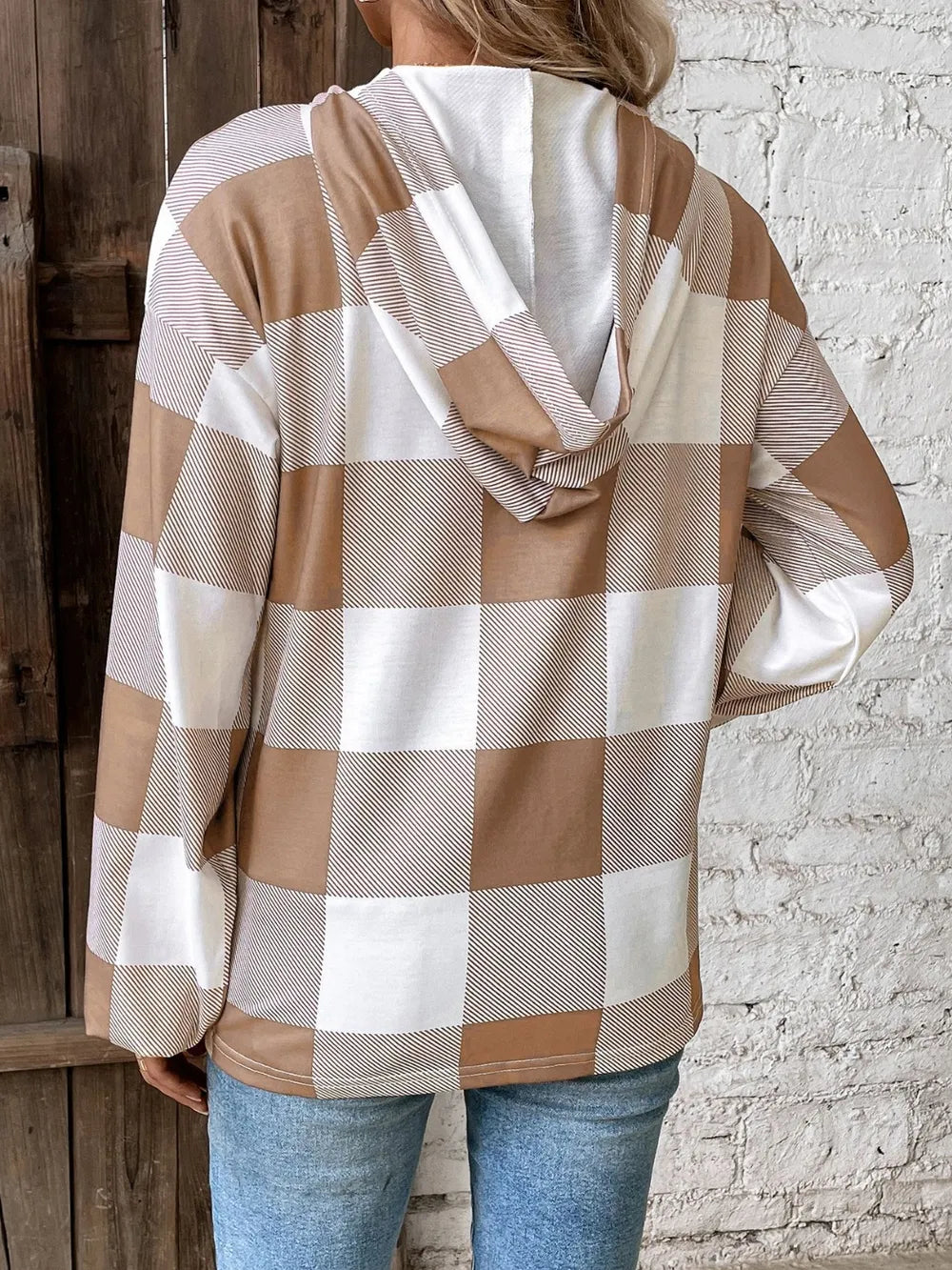 Plaid dropped-shoulder long sleeve hoodie back view in tan and white with hood