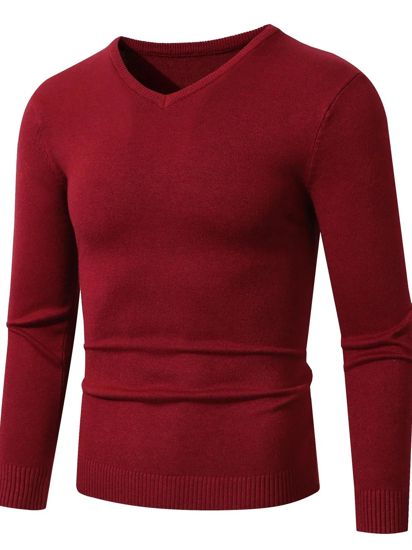 Men’s plus size ribbed hem long sleeve sweater, V-neck, wine red with ribbed cuffs