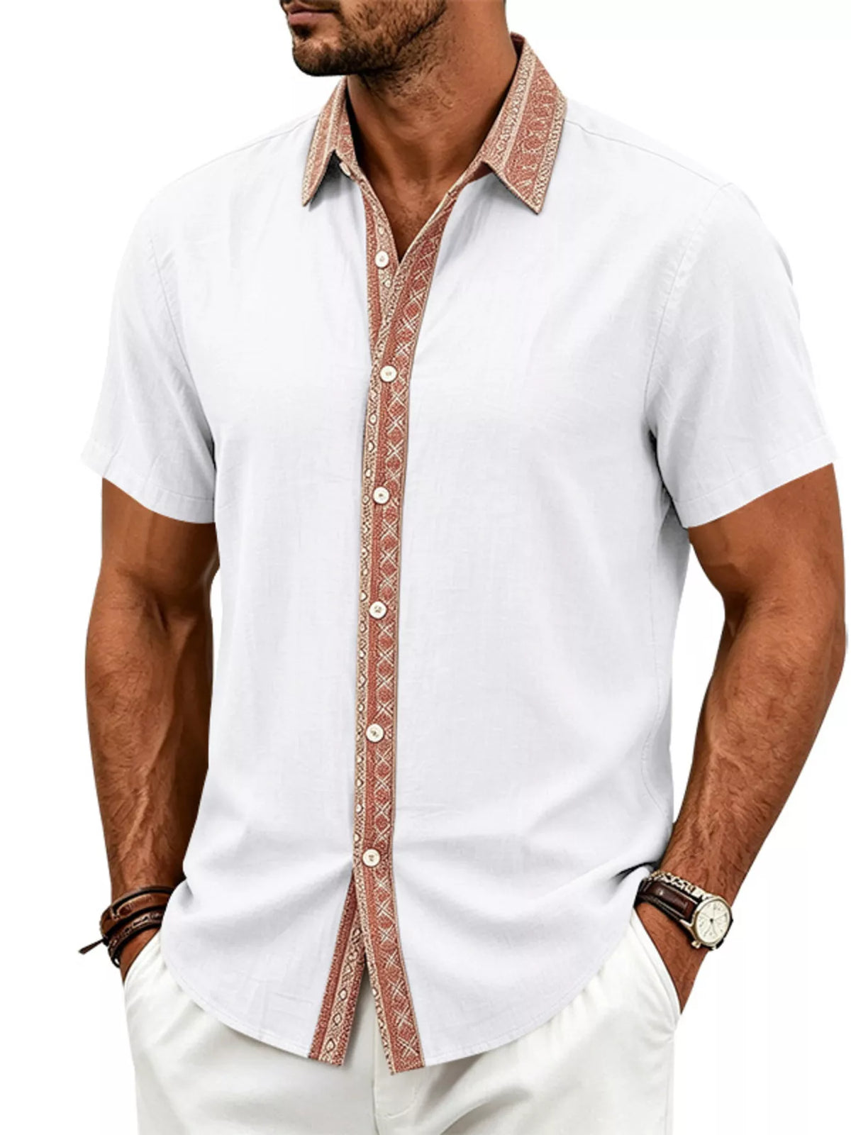 White men’s short sleeve cotton stretch shirt, patterned placket and collar trim