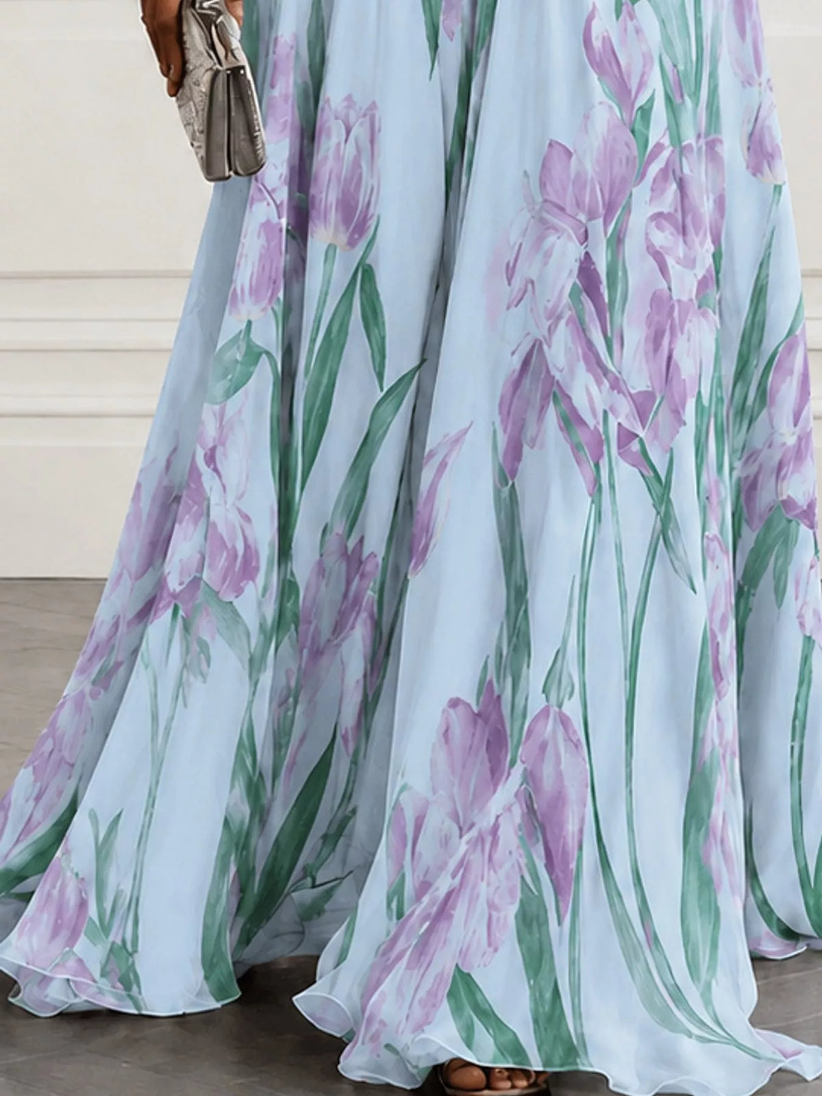 Sleeveless floral ruched maxi dress, V-neck, light blue with purple and green tulip pattern