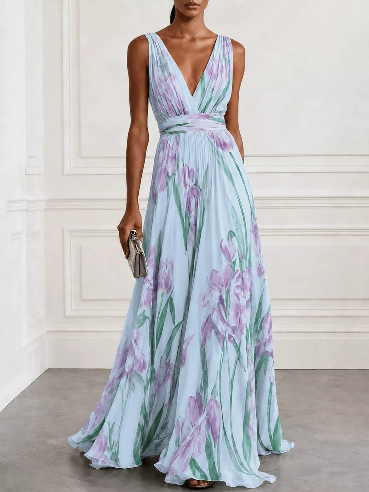 Sleeveless floral ruched maxi dress, V-neck, light sky blue with purple and green tulip print