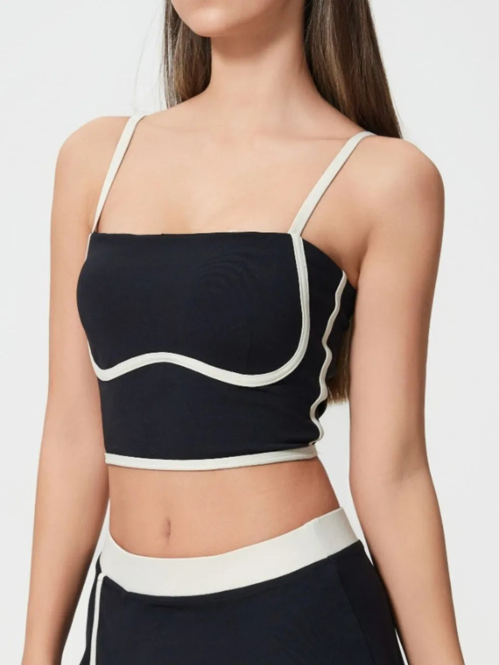Black square-neck active cami with contrast white trim and wide shoulder straps