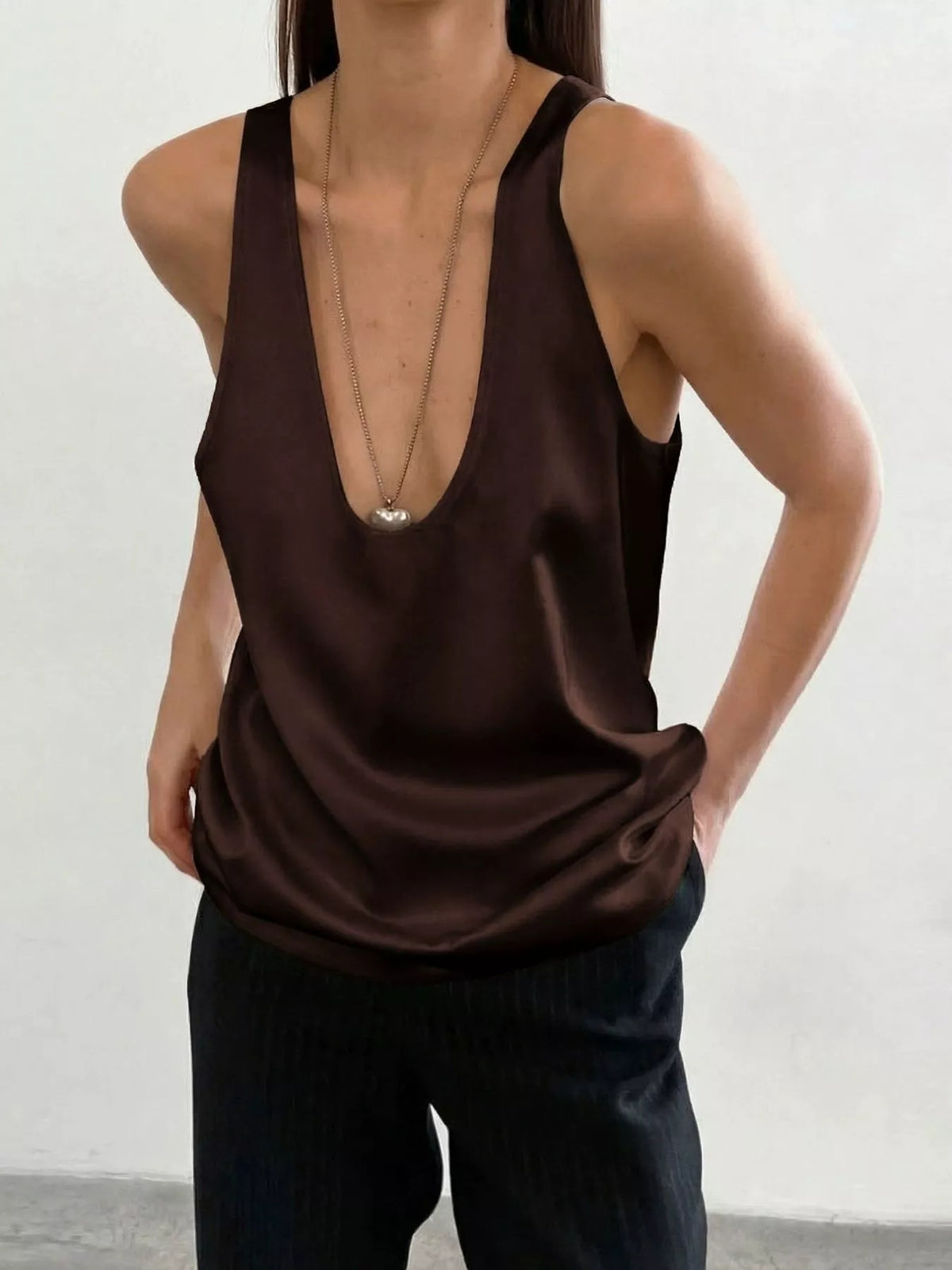 Brown satin deep V-neck stretch tank top, sleeveless fitted women's top