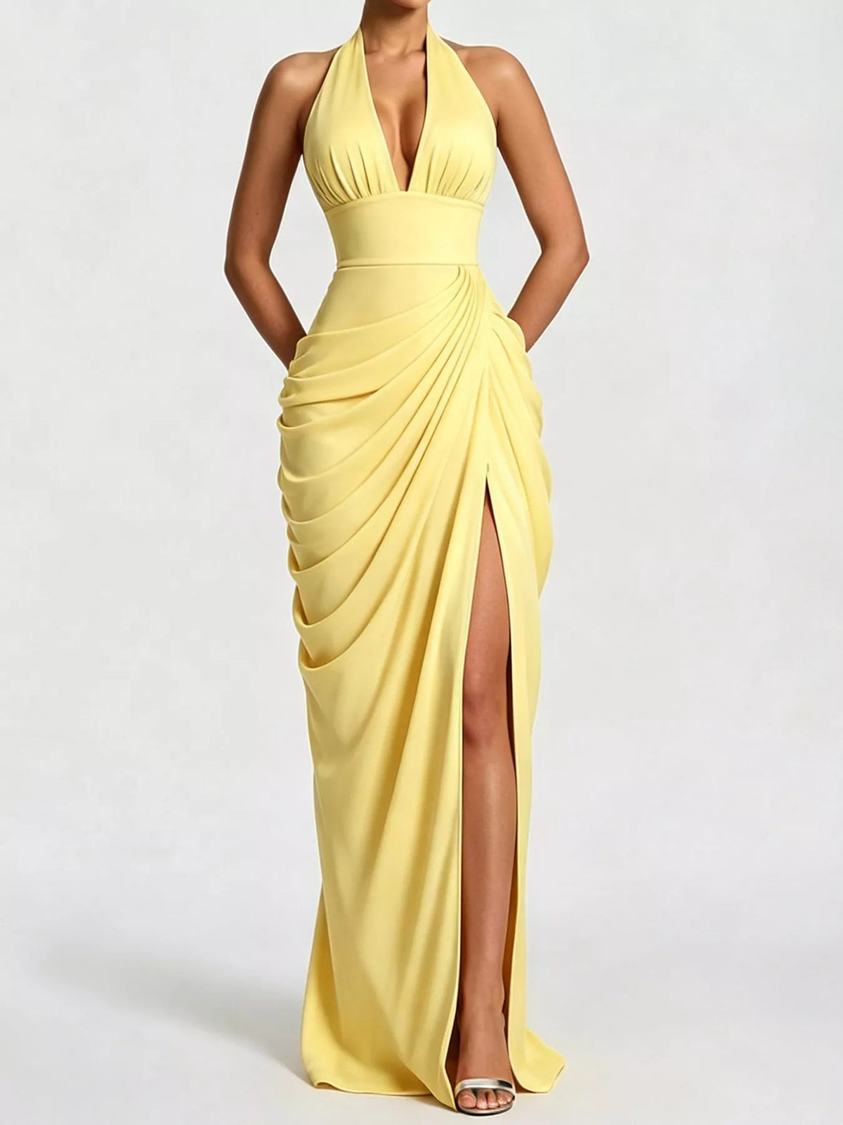 Yellow halter neck maxi dress with ruched bodycon fit and high slit skirt