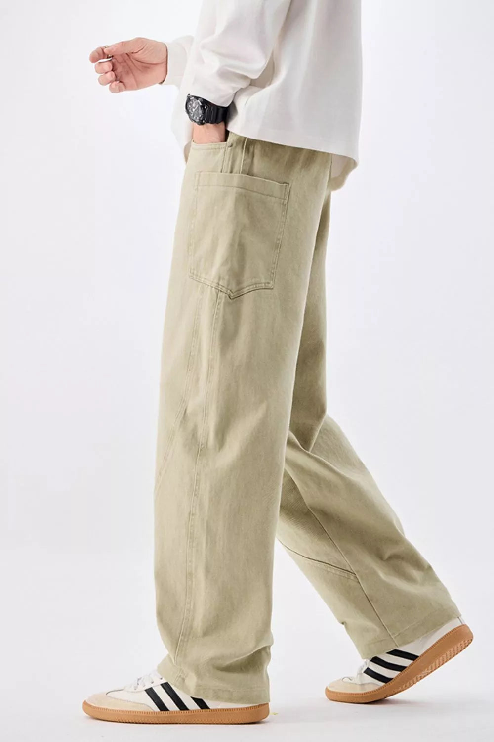 Men's sage cotton jeans with drawstring waist and side pockets