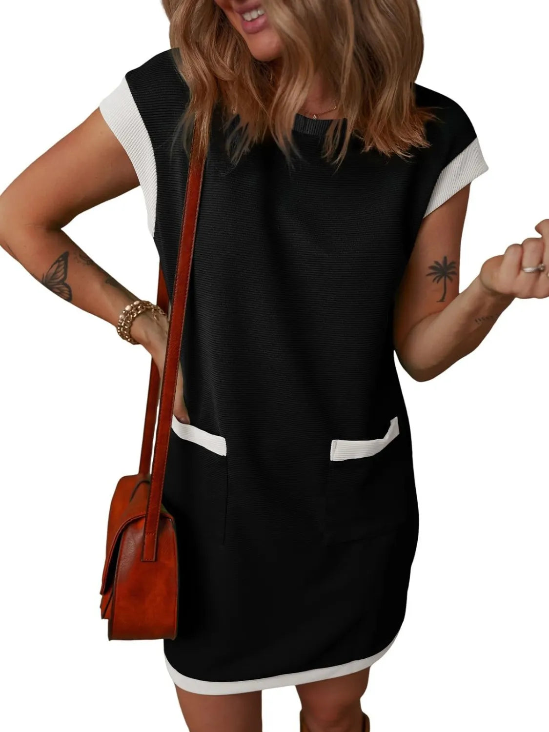 Round Neck Cap Sleeve Mini Dress by Trendsi, black with white pocket trim