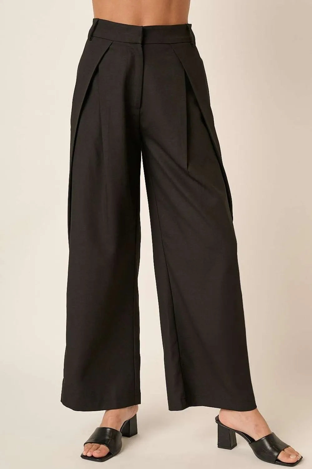 Black high-waisted wide-leg pants showing front pleats and flowing wide leg