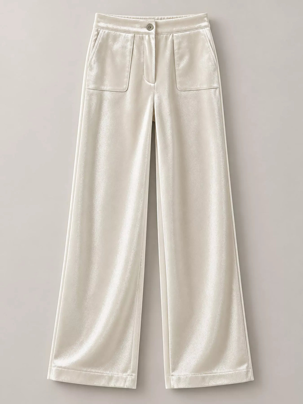 Off-white velvet wide-leg pants, high rise, front pockets, button closure