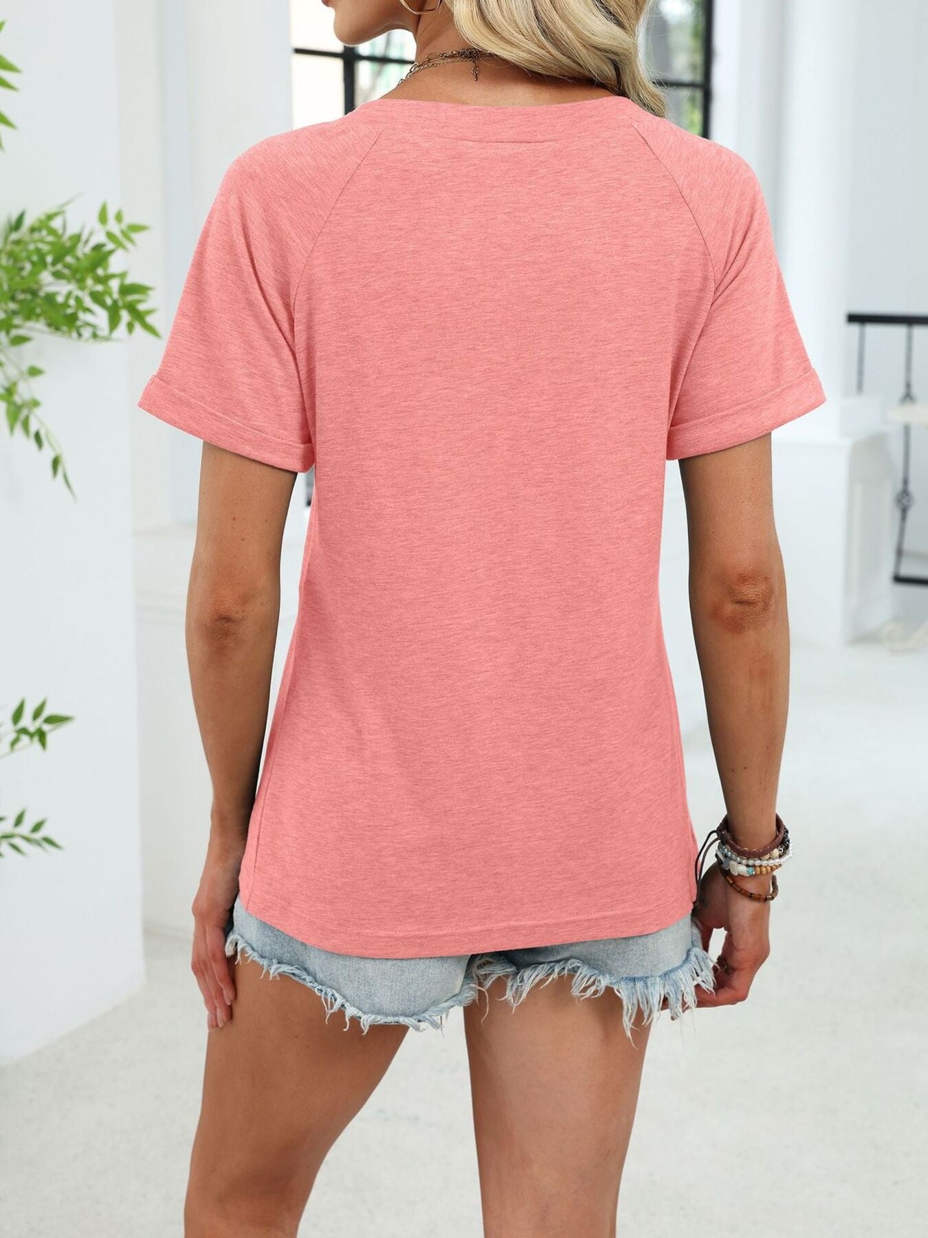 Cedar & Moore Casual V-Neck Short Sleeve T-Shirt in peach, back view