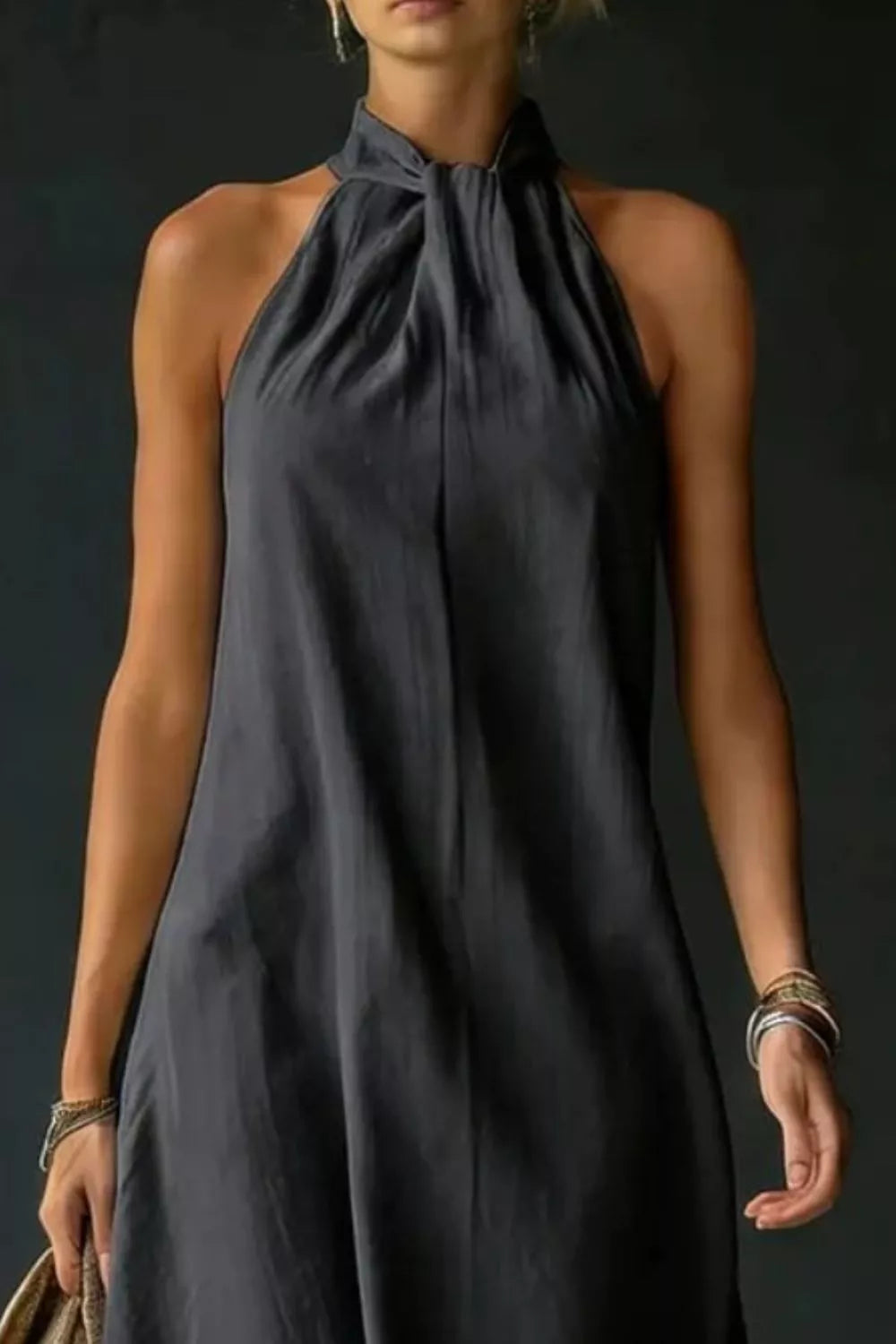 Cedar & Moore Halter Neck Sleeveless Maxi Dress in charcoal gray, no slit