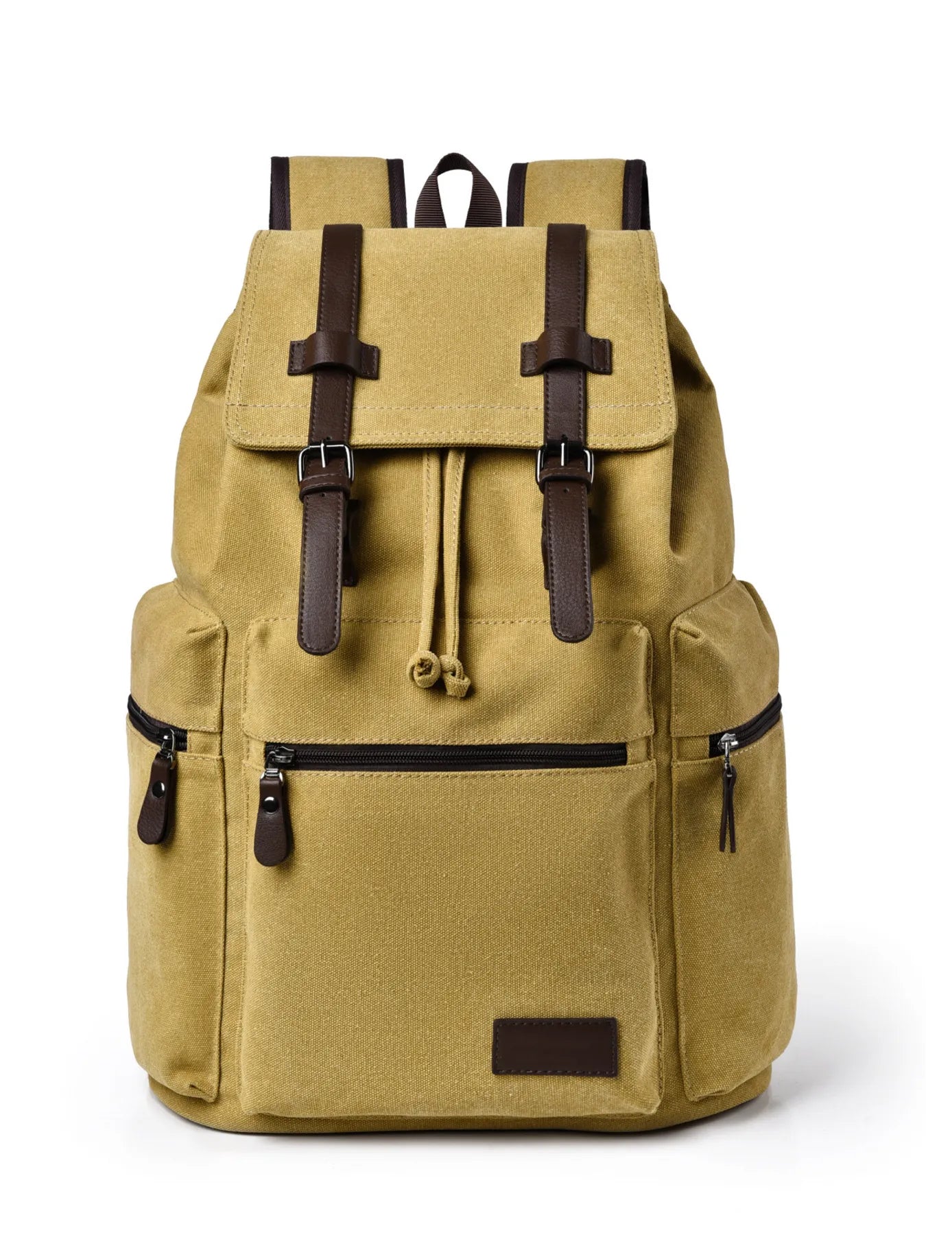 Khaki canvas backpack bag with top flap, buckle straps, and front zip pocket