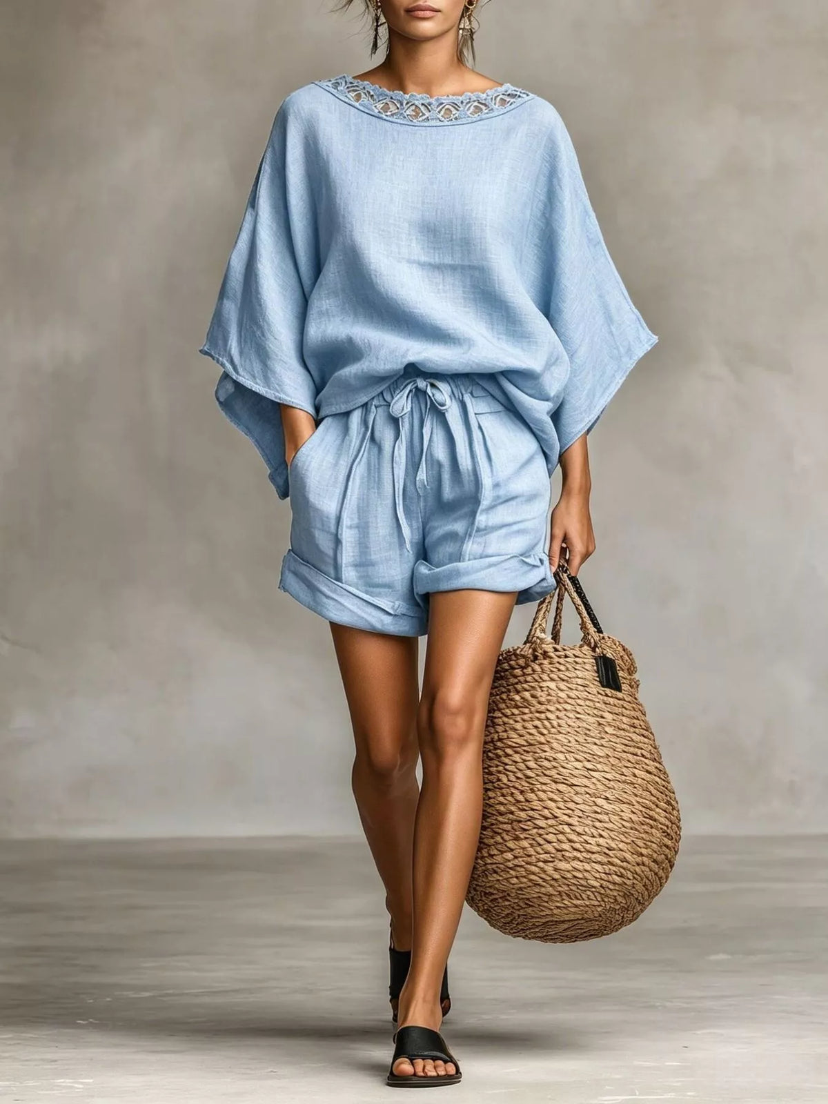 Light blue oversized lace-trim top and drawstring shorts set with loose batwing sleeves