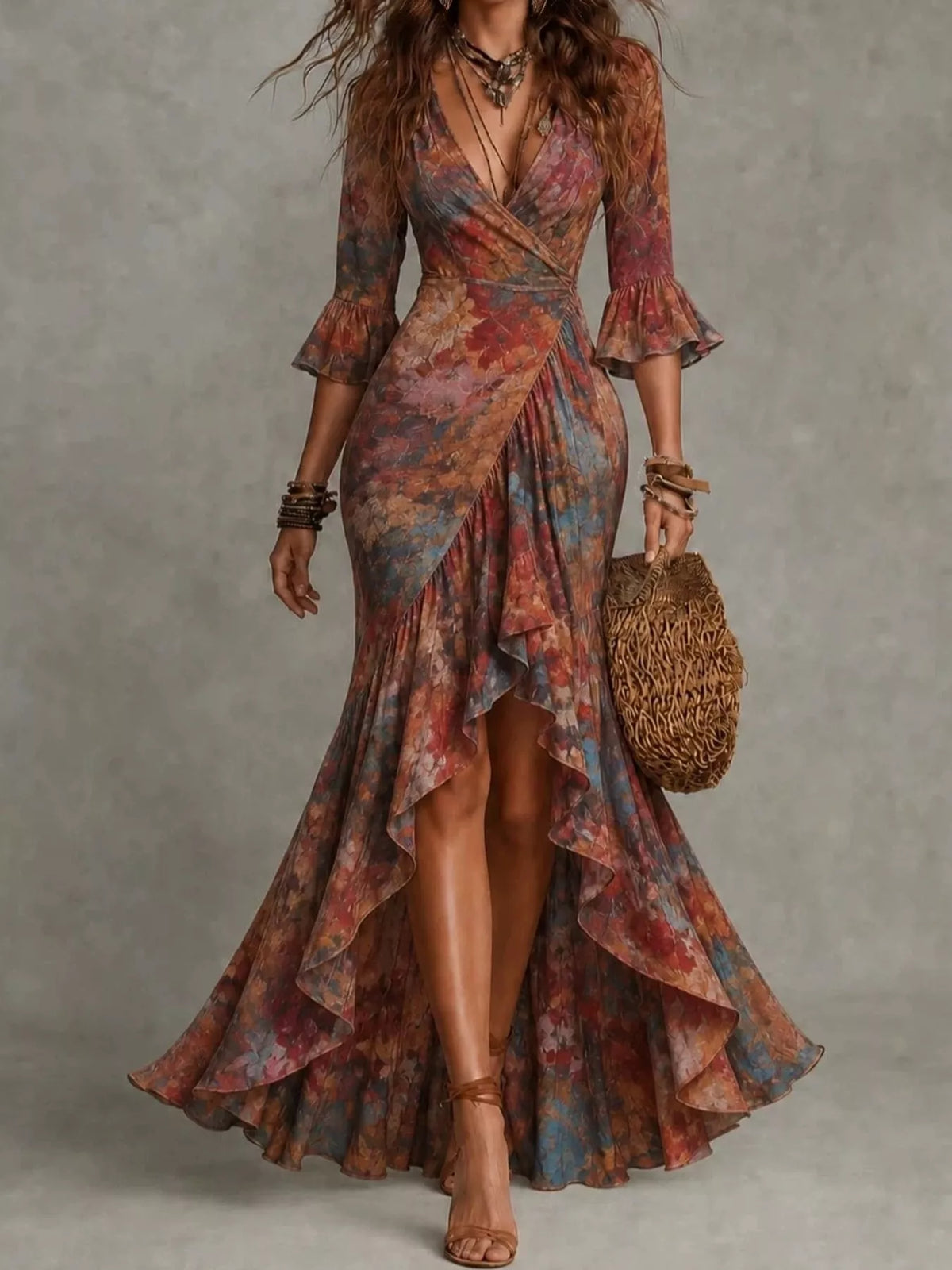 Multicolor floral wrap dress with V-neck and flared ruffle sleeves