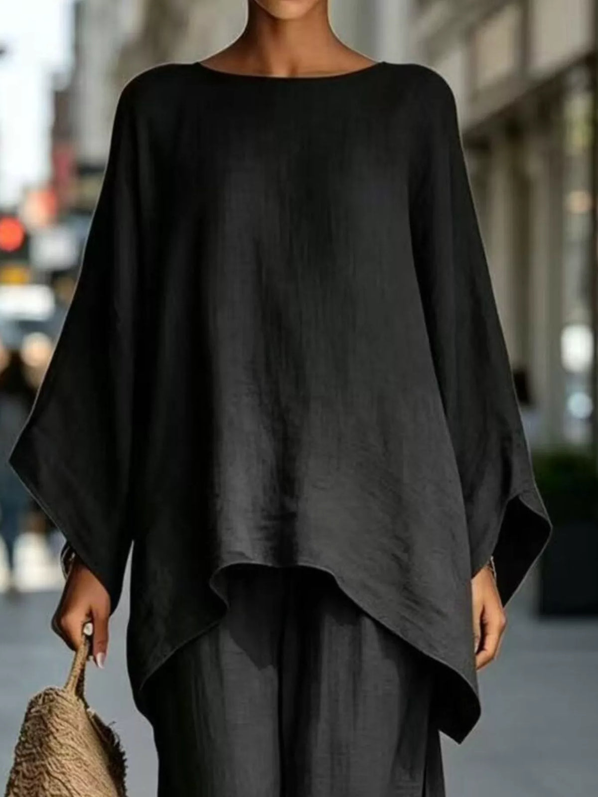 Two-piece batwing top and wide-leg pants set, black layered look with batwing sleeves