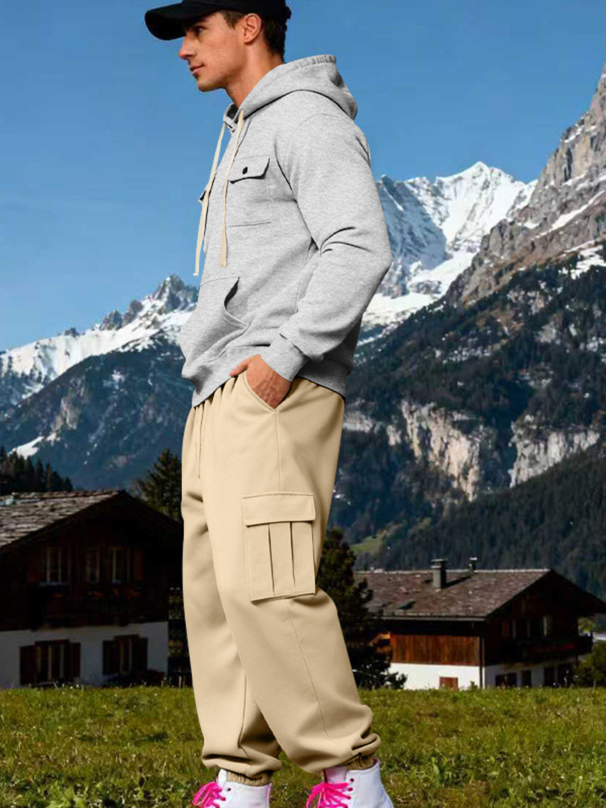 Gray hoodie set with tan cargo sweatpants, side view; kangaroo pocket and drawstring