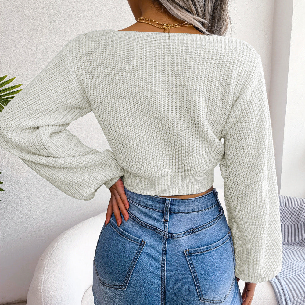 White tie-front rib-knit cropped sweater, long sleeves, back view