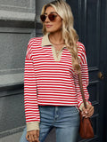 Red-and-white striped Johnny collar sweatshirt with long sleeves and split neckline