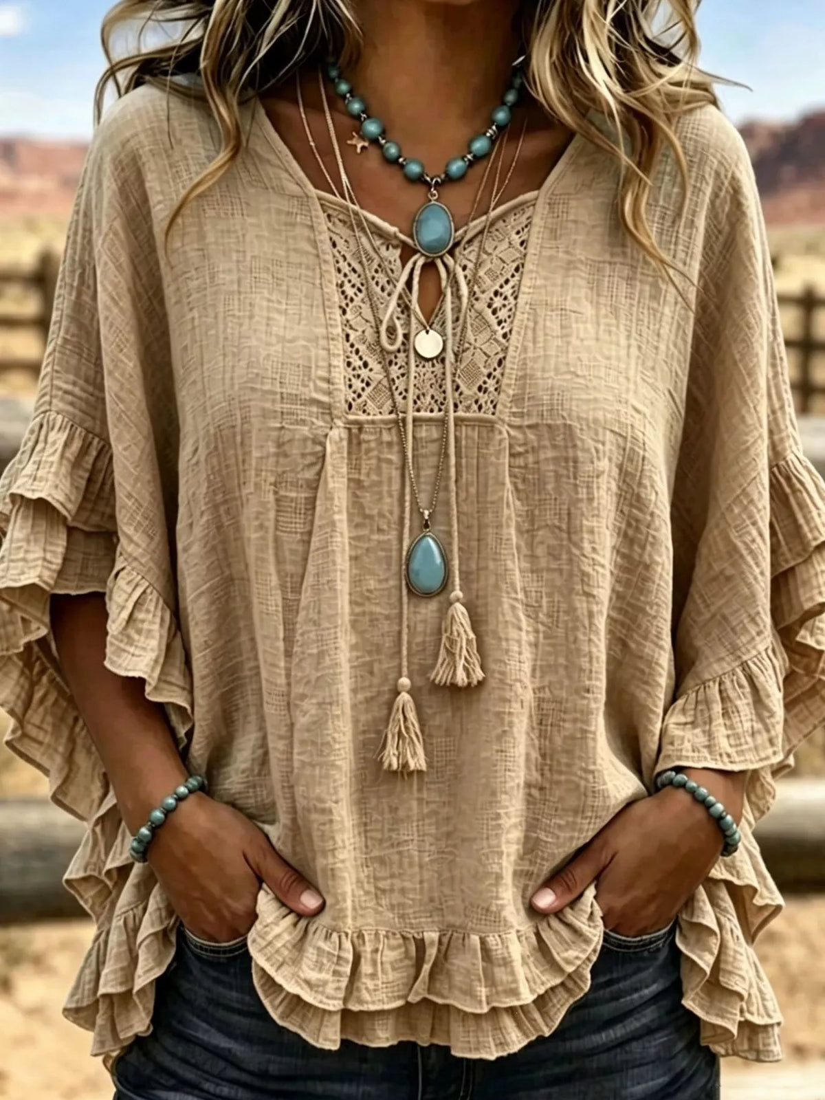 Khaki tie-neck polyester blouse with ruffled hem and lace yoke detail