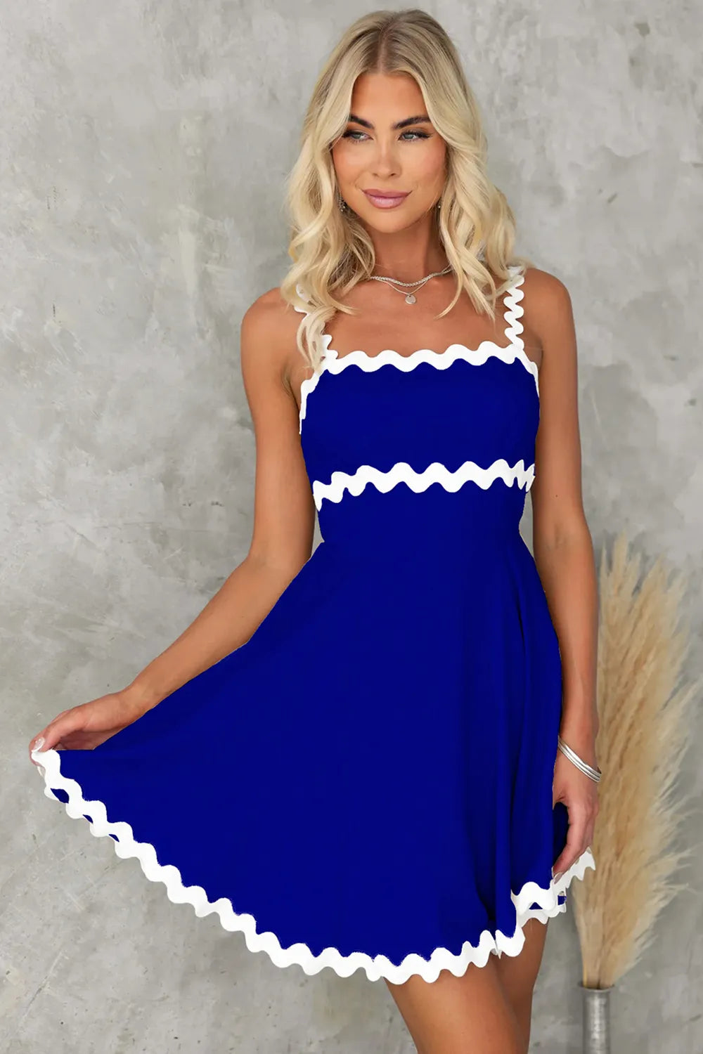 Contrast Trim Square Neck Mini Dress in royal blue with white wavy trim