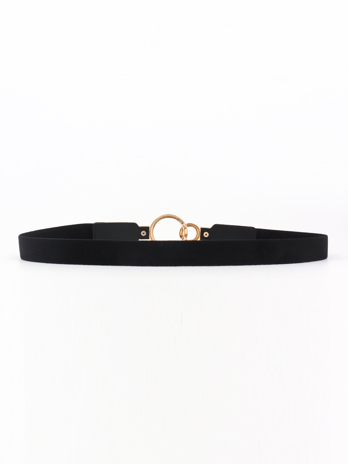 Black elastic vegan leather belt with double ring buckle and rose-gold hardware