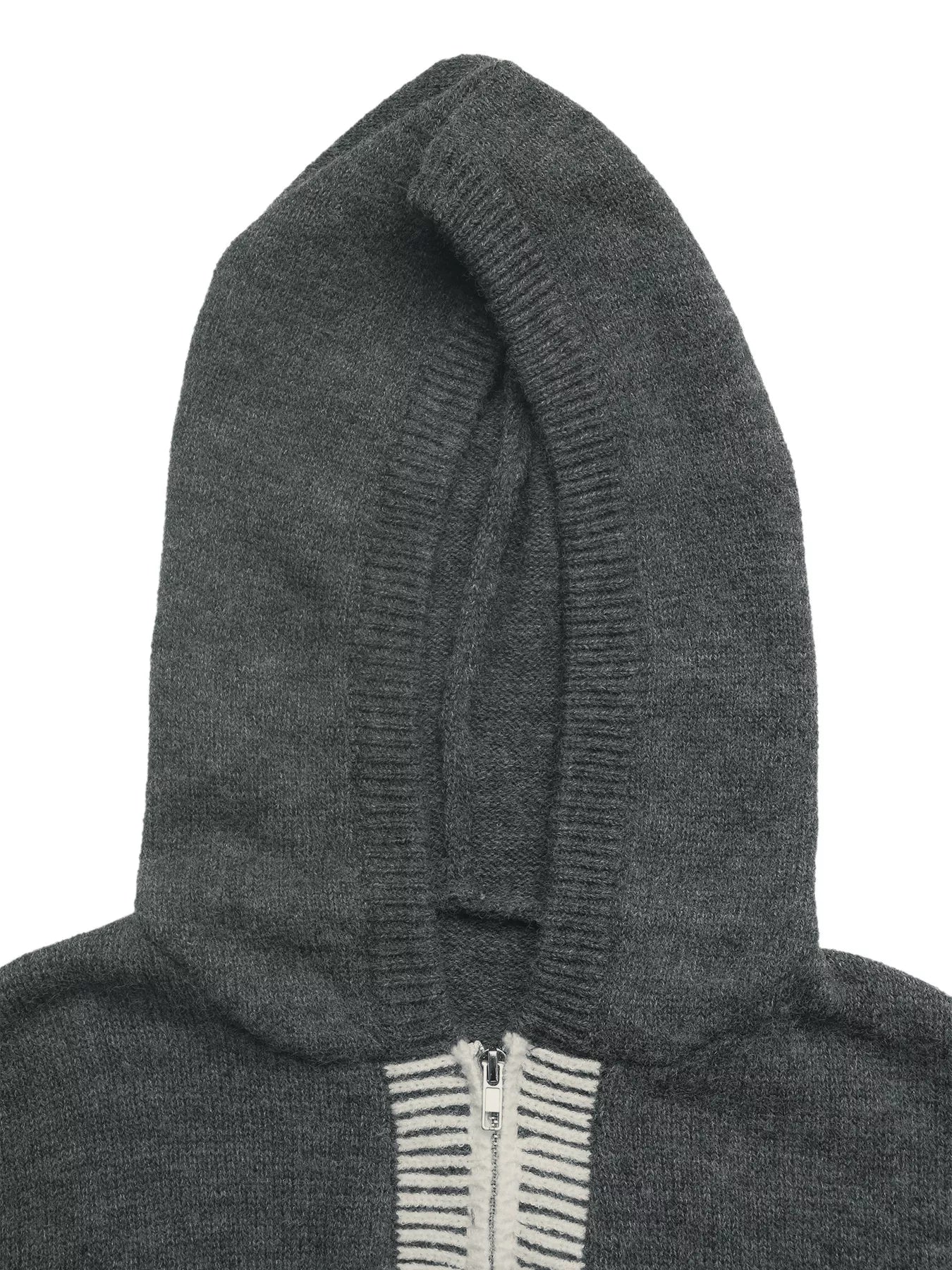 Dark gray hood with white striped zip placket detail on a quarter-zip sweater