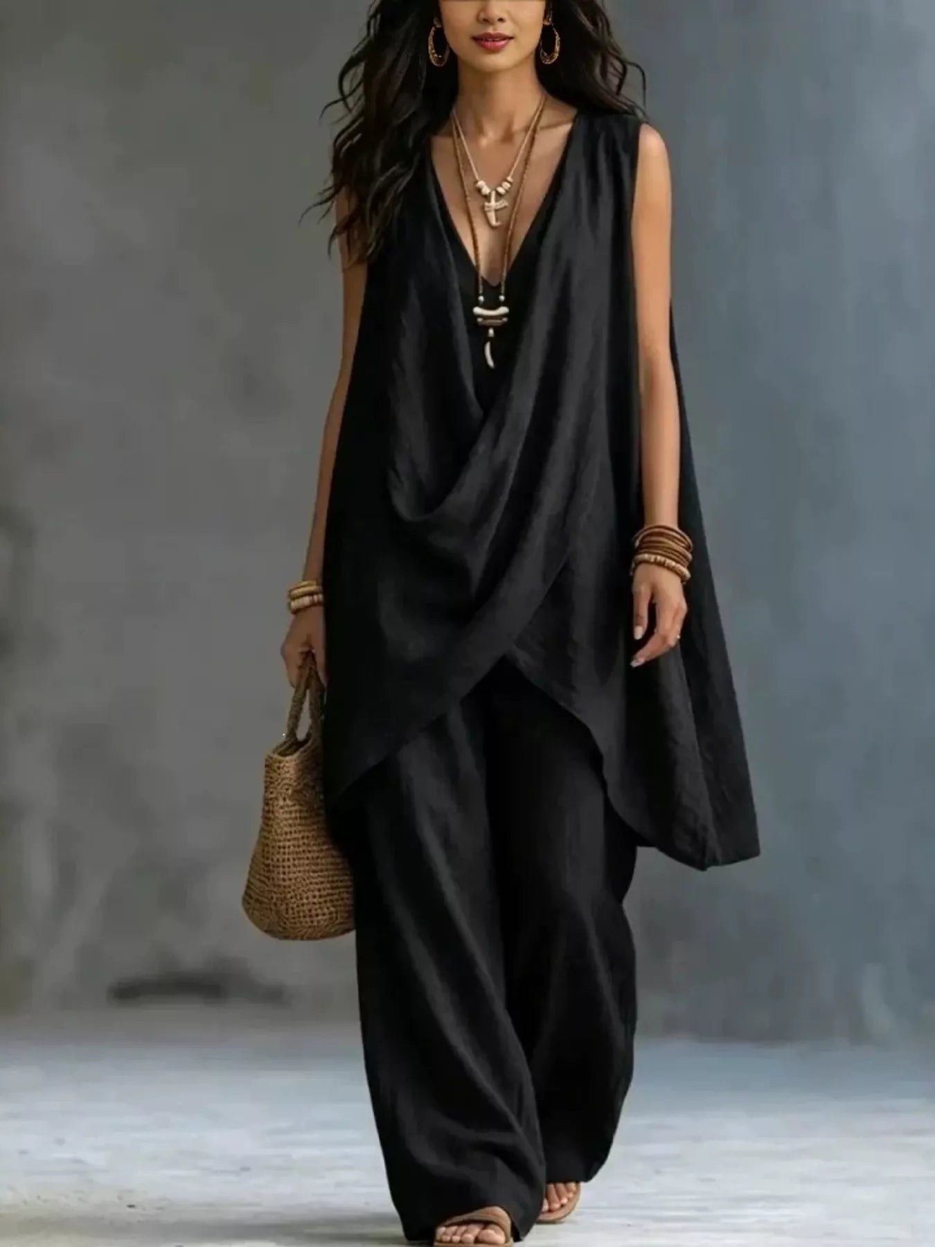 Sleeveless asymmetrical top & wide-leg pants set, black draped crossover neckline
