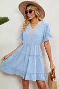 Swiss Dot V-Neck Flounce Sleeve Mini Dress in light blue with ruched detailing