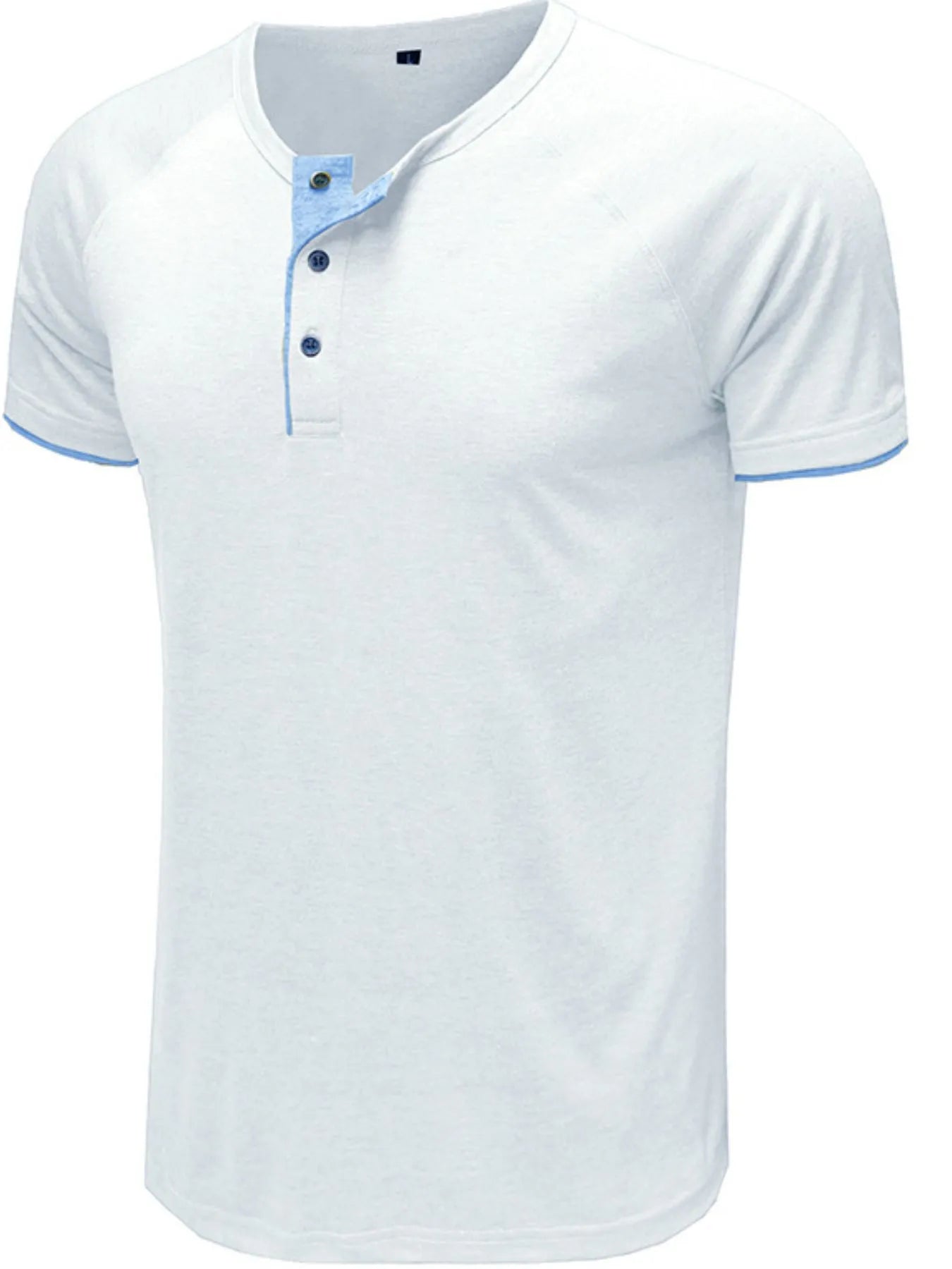 White henley polo shirt with blue placket and contrast trim on sleeves.