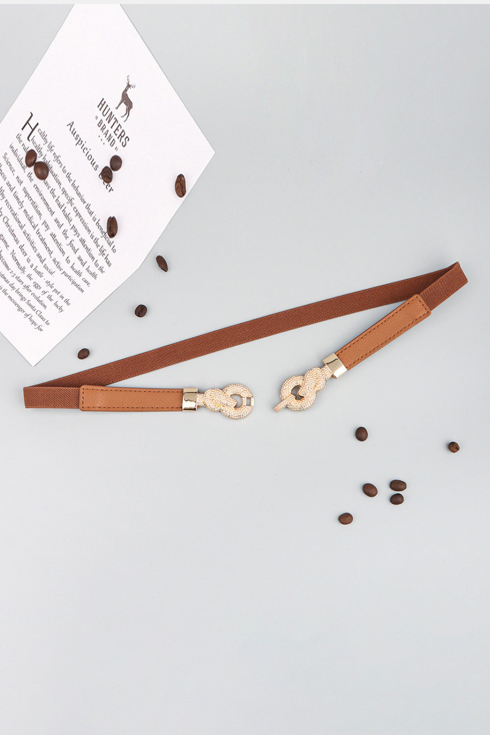 Caramel vegan leather belt with wide strap and oval chain link zinc alloy buckle
