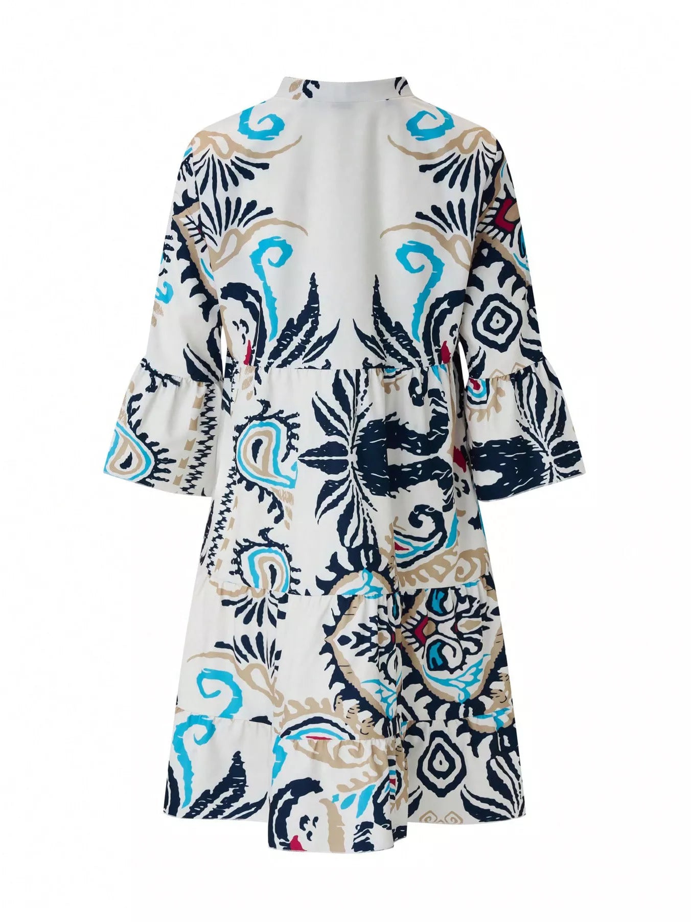 Bohemian print tiered mini dress, round neckline, white with blue and teal pattern
