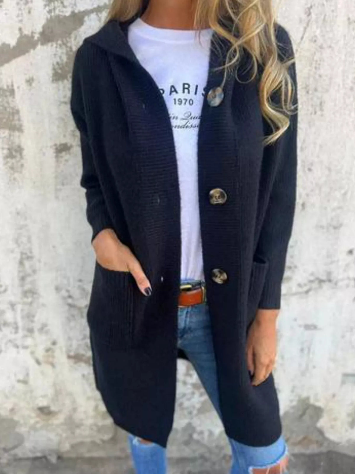 Black hooded ribbed cardigan sweater with front buttons and long sleeves