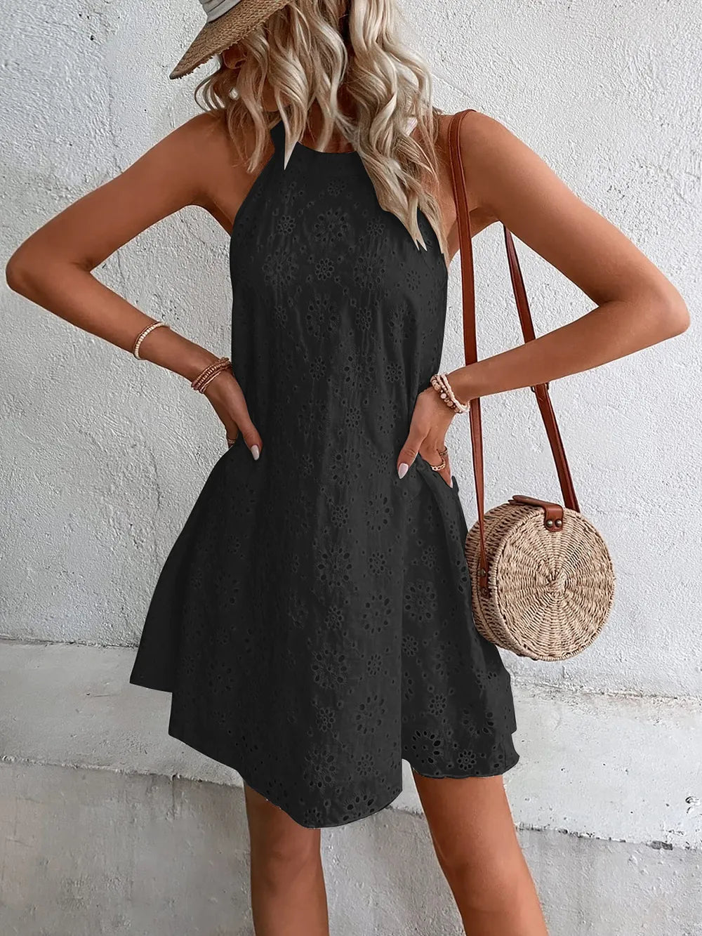 Black eyelet grecian neck mini dress with keyhole neckline