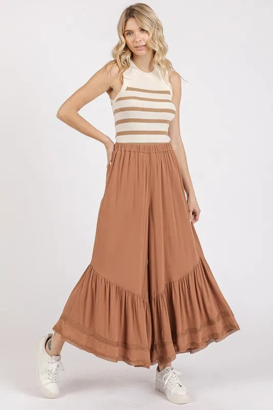Caramel wide-leg pants with asymmetrical tiered ruffle hem and elastic waist