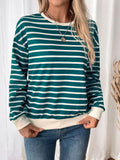 Turquoise and white striped long-sleeve sweatshirt with round neck and contrast cuffs