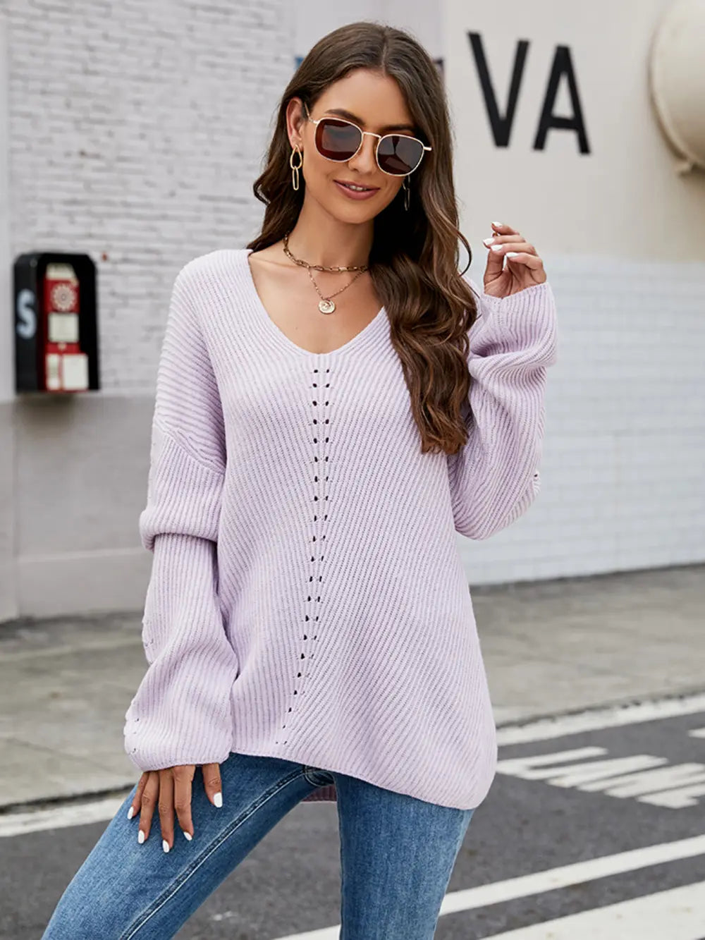 Lavender long sleeve sweater with V-neck and vertical eyelet openwork detail